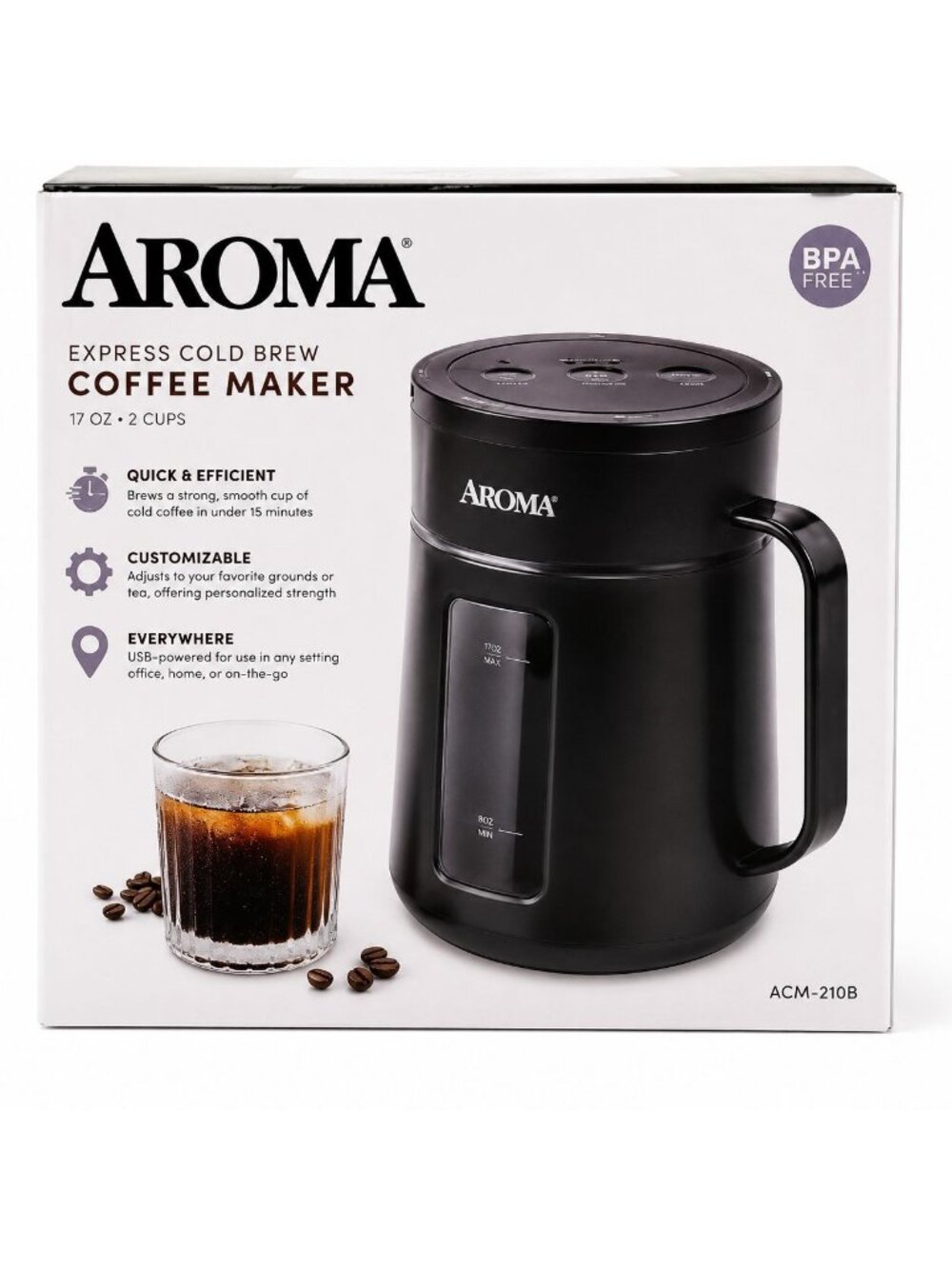Aroma Express Cold Brew Coffee Maker ACM-210B Fast Iced Coffee Brewer NEW